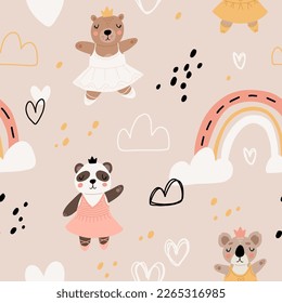 Seamless pattern with cute funny little ballerina bears, polar, grizzly, panda, sloth, koala. Vector kids illustration. Scandinavian style flat design. Cartoon children concept.