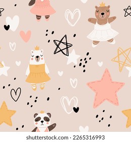 Seamless pattern with cute funny little ballerina bears, polar, grizzly, panda, sloth, koala. Vector kids illustration. Scandinavian style flat design. Cartoon children concept.