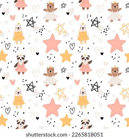 Seamless pattern with cute funny little ballerina bears, polar, grizzly, panda, sloth, koala. Vector kids illustration. Scandinavian style flat design. Cartoon children concept.