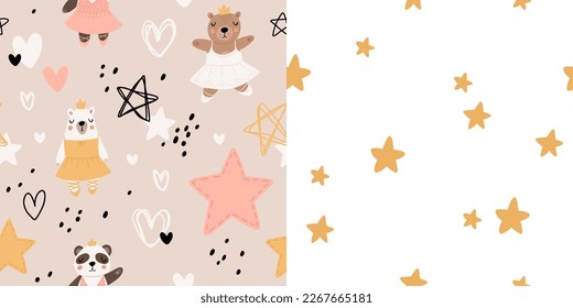 Seamless pattern with cute funny little ballerina bears, polar, grizzly, panda, sloth, koala. Vector kids illustration. Scandinavian style flat design. Cartoon children concept.