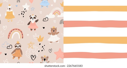 Seamless pattern with cute funny little ballerina bears, polar, grizzly, panda, sloth, koala. Vector kids illustration. Scandinavian style flat design. Cartoon children concept.