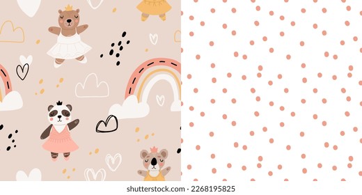 Seamless pattern with cute funny little ballerina bears, polar, grizzly, panda, sloth, koala. Vector kids illustration. Scandinavian style flat design. Cartoon children concept.