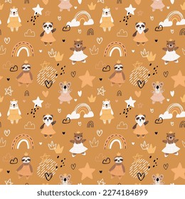 Seamless pattern with cute funny little ballerina bears, polar, grizzly, panda, sloth, koala. Vector kids illustration. Scandinavian style flat design. Cartoon children concept.