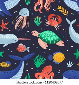 Seamless pattern with cute funny marine animals or happy underwater creatures living in sea. Ocean fauna. Flat cartoon childish vector illustration for textile print, wrapping paper, wallpaper.