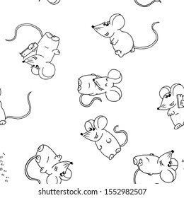 Seamless pattern of cute funny mice on a white background.