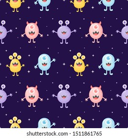 seamless pattern cute funny monster cartoon isolated on purple background. illustration vector.  