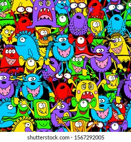 Seamless pattern cute funny monsters with big eyes . Kids background for textile, wallpapers and paper. Colourful colours. 