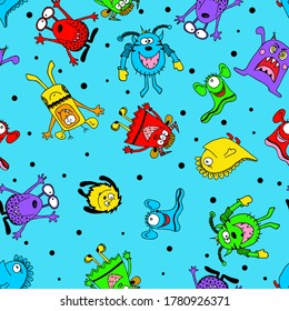 Seamless pattern with cute funny monsters. Kids background for textile, wallpapers and paper.