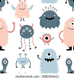 Patrón sin foco con monstruos graciosos adorables. Personajes de caricatura. Ilustración vectorial para la impresión en tejidos, papel de envoltura, textiles, prendas de vestir