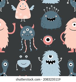 Seamless pattern with cute funny monsters on a black background. Cartoon characters. Vector illustration for printing on fabric, wrapping paper, textiles, clothing
