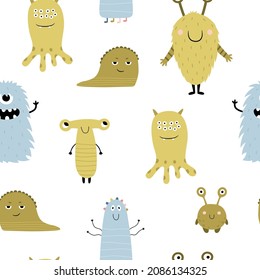 Seamless pattern with cute funny monsters. Cartoon characters in a flat style. Vector illustration. Ideal for printing on fabric, children's clothing, wrapping paper