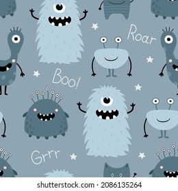Seamless pattern with cute funny monsters on a blue background. Cartoon characters in a flat style. Vector illustration. Ideal for printing on fabric, kid's clothing, wrapping paper