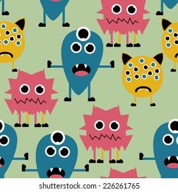 Seamless Pattern with Cute Funny Monsters. Vector Background
