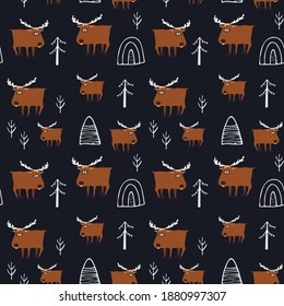 A seamless pattern with a cute funny moose and trees. Vector illustration in cartoon style. Infinite texture on a dark background