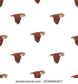 Seamless pattern cute funny owl with tilted leaned head in flight. Vector background illustration of cartoon forest night birds.