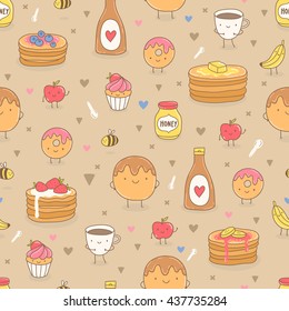 Seamless pattern with cute funny pancakes, coffee, cupcake and donuts. Adorable breakfast food characters. Wallpaper for wrapping paper, fabric textile design. Vector art. Food illustration. 