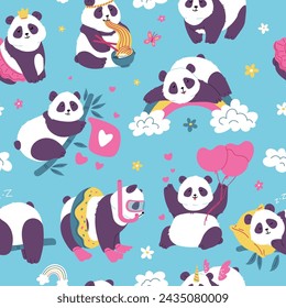 Seamless pattern with cute funny pandas flat style, vector illustration on blue background. Decorative design for wrapping and packaging, bamboo, rainbow and noodles, clouds