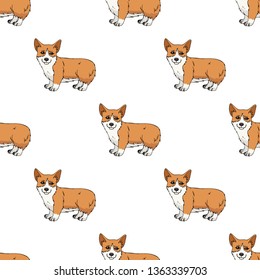 Seamless pattern with cute funny pembroke welsh corgi on white background. Endless texture with cartoon dogs for your design
