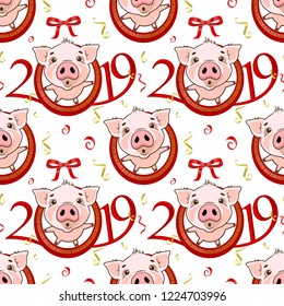 Seamless pattern with Cute funny pig. Happy New Year. Chinese symbol of the 2019 year. Excellent festive gift card. Vector illustration on white background.