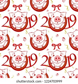 Seamless pattern with Cute funny pig. Happy New Year. Chinese symbol of the 2019 year. Excellent festive gift card. Vector illustration on white background.
