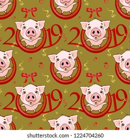 Seamless pattern with Cute funny pig. Happy New Year. Chinese symbol of the 2019 year. Excellent festive gift card. Vector illustration on golden background.