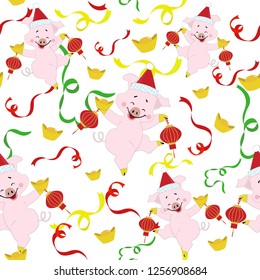 seamless pattern cute funny pig happy on chinese new year,illustration vector doodle comic art.
