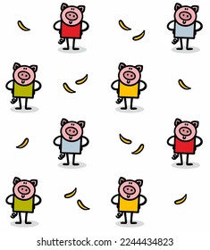 Seamless pattern with cute funny pigs and exotic fruits bananas. Vector endless wallpaper for kids decor.