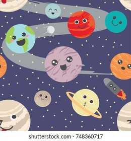 Seamless pattern: Cute and funny planet laughing and smiling. Vector illustration with the universe, planets and stars in flat design. cute space object set for baby fashion.