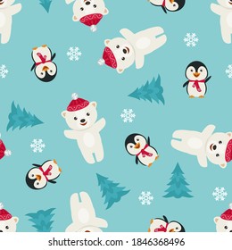 Seamless pattern with cute funny polar bear, penguin, fir trees and snowflakes on blue background. Christmas or New Year's decoration. Winter design. Vector cartoon flat illustration.