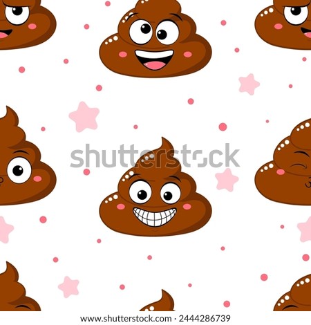 Seamless pattern with cute funny poop with different mood. Pattern with cartoon poo emoji faces. Endless texture can be used for textile pattern fills, t-shirt design, web page background. Vector EPS8