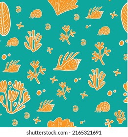 Seamless pattern with cute funny reef. art print pattern seashells, algae and corals. Marine collection. Colored vector illustration.