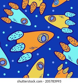 seamless pattern with cute funny rocket in a space