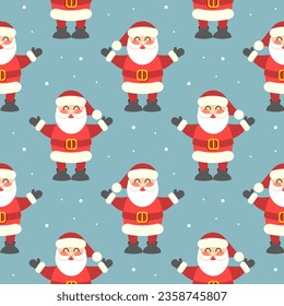 Seamless pattern, cute funny Santa on a blue background with snowflakes. Christmas print, textile, background, vector	
