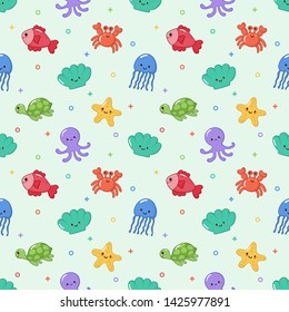 seamless pattern cute funny sea and ocean animals cartoon isolated on blue background. illustration vector.  