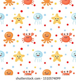 seamless pattern cute funny sea and ocean animals cartoon isolated on white background. illustration vector.  