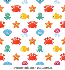 seamless pattern cute funny sea and ocean animals cartoon isolated on white background. illustration vector.  