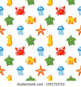 seamless pattern cute funny sea and ocean animals cartoon isolated on white background. illustration vector.  