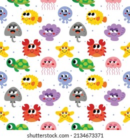 seamless pattern cute funny sea and ocean animals cartoon isolated on white background. illustration vector.  