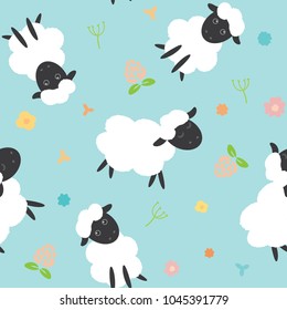 Seamless pattern with cute funny sheep and wild flowers on blue background. Funny lambs jump and sit on a flower glade. Vector illustration in flat design.