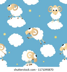 Seamless pattern with cute funny sheep. Vector background with clouds. Good night concept