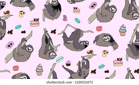 Seamless pattern with cute and funny sloths, cakes and sweets. Hand drawn backdrop. Pink background vector.