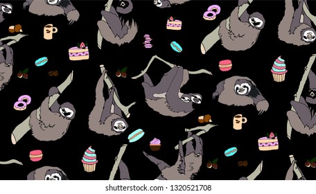 Seamless pattern with cute and funny sloths, cakes and sweets. Hand drawn backdrop. Background vector.