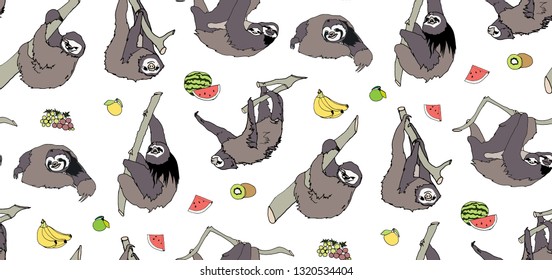 Seamless pattern with cute and funny sloths, fruits. Hand drawn backdrop. White background vector.