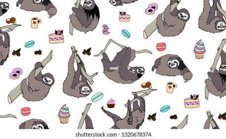 Seamless pattern with cute and funny sloths, cakes and sweets. Hand drawn backdrop. Background vector.