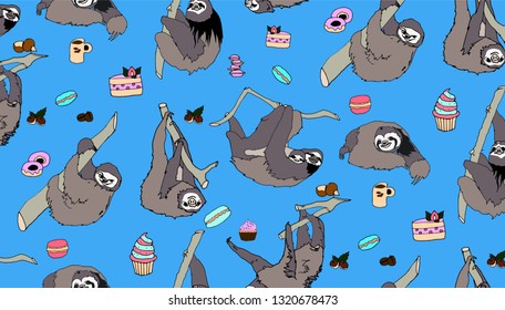 Seamless pattern with cute and funny sloths, cakes and sweets. Hand drawn backdrop. Background vector.