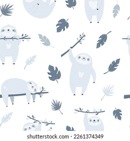 Seamless pattern with cute funny sloths hanging on branches in the forest. Background with adorable animals for prints, decorations, wrapping paper, wallpaper.