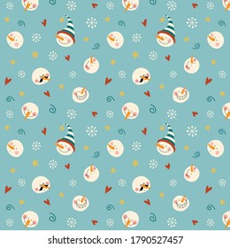 Seamless pattern with cute and funny snowman faces. Can be used for wrapping paper, patterned paper, textile, wallpaper, and background.