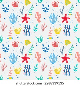 Seamless pattern with cute funny starfish and seaweed on a white background. Vector graphic perfect for wallpaper, wrapping paper, for designing prints on textiles, clothes, pillows.