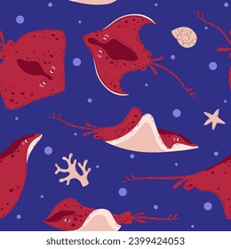 Seamless pattern with cute funny stingrays flat style, vector illustration on blue background. Decorative design for wrapping and packaging, shell, coral and starfish, wildlife