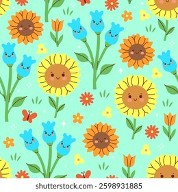 Seamless pattern with cute funny sunflowers. Vector graphics